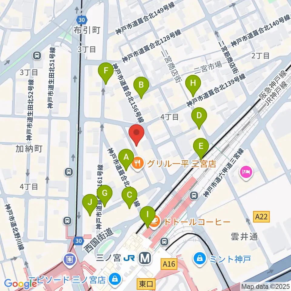 神戸三宮シアター・エートー周辺のカフェ一覧地図