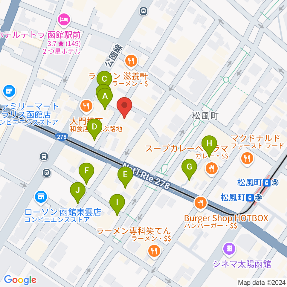 函館あうん堂ホール周辺のカフェ一覧地図