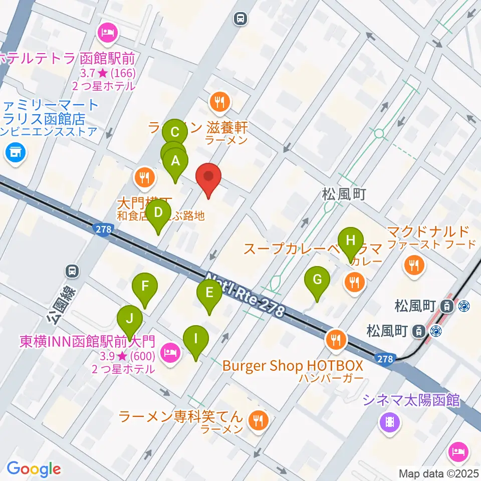函館あうん堂ホール周辺のカフェ一覧地図