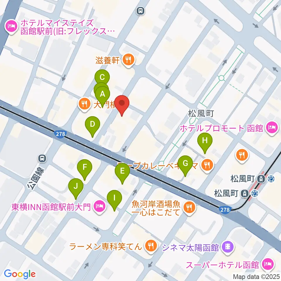 函館あうん堂ホール周辺のカフェ一覧地図
