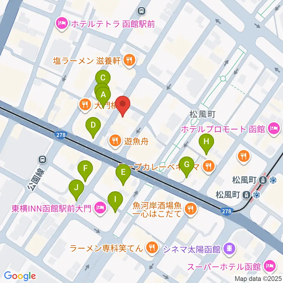 函館あうん堂ホール周辺のカフェ一覧地図