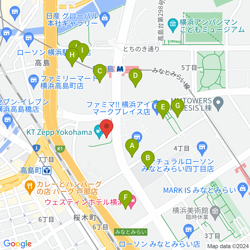 KT Zepp横浜周辺のカフェ一覧地図