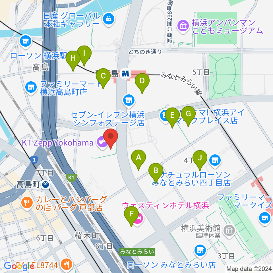 KT Zepp横浜周辺のカフェ一覧地図