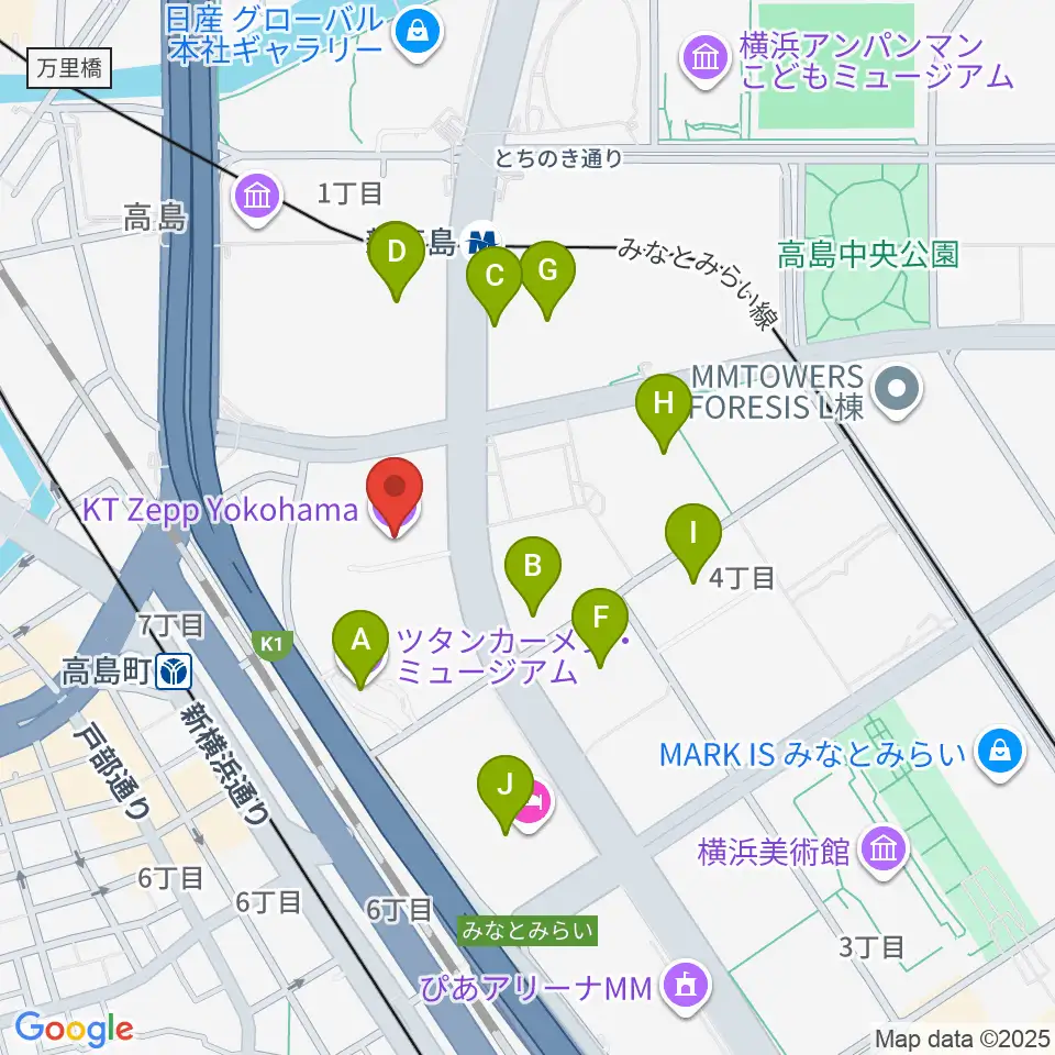 KT Zepp横浜周辺のカフェ一覧地図