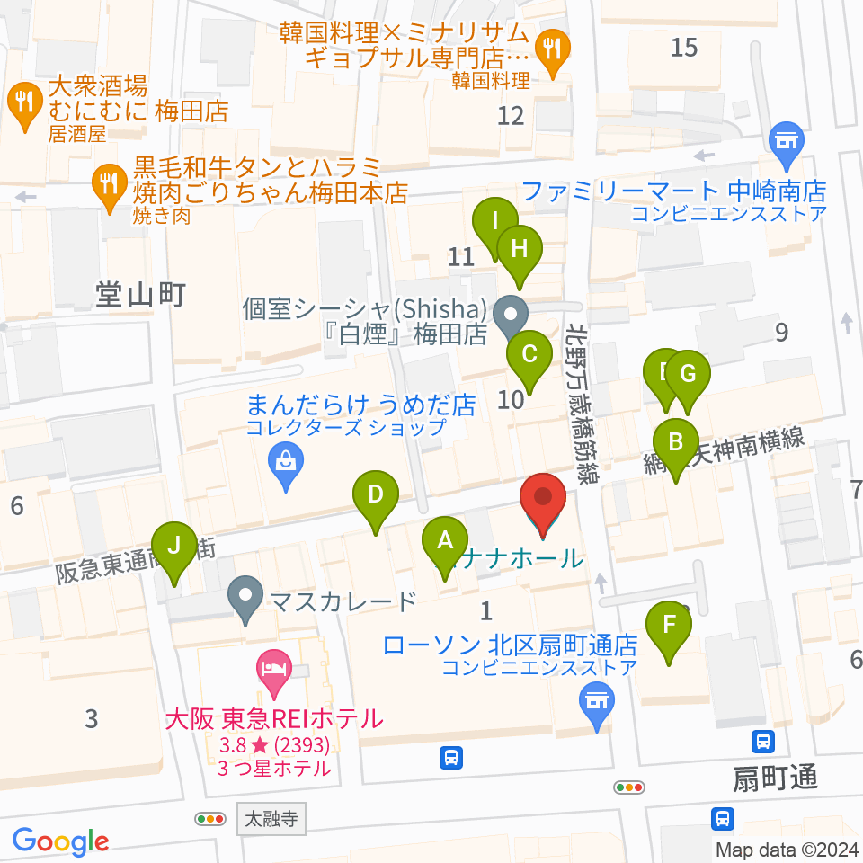 梅田バナナホール周辺のカフェ一覧地図