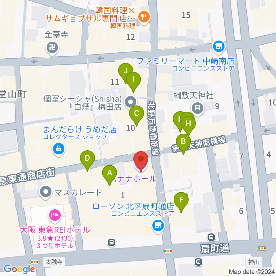 梅田バナナホール周辺のカフェ一覧地図