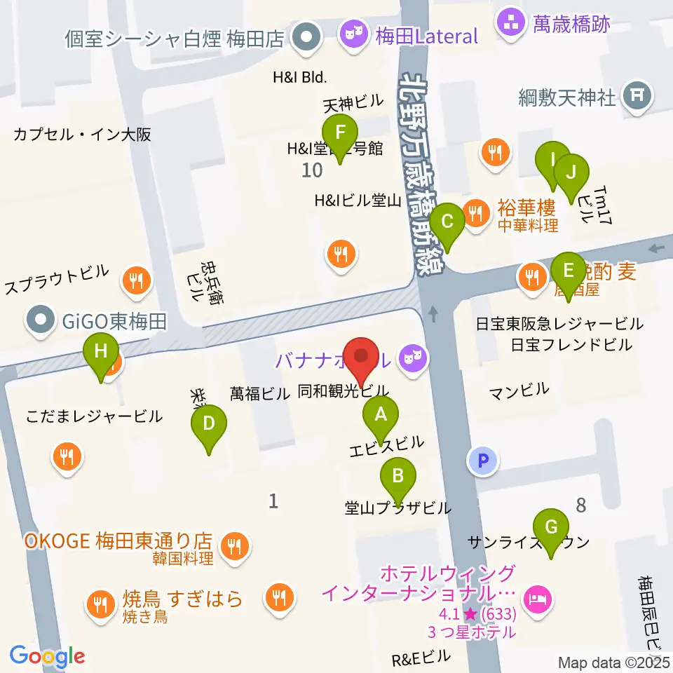 梅田バナナホール周辺のカフェ一覧地図