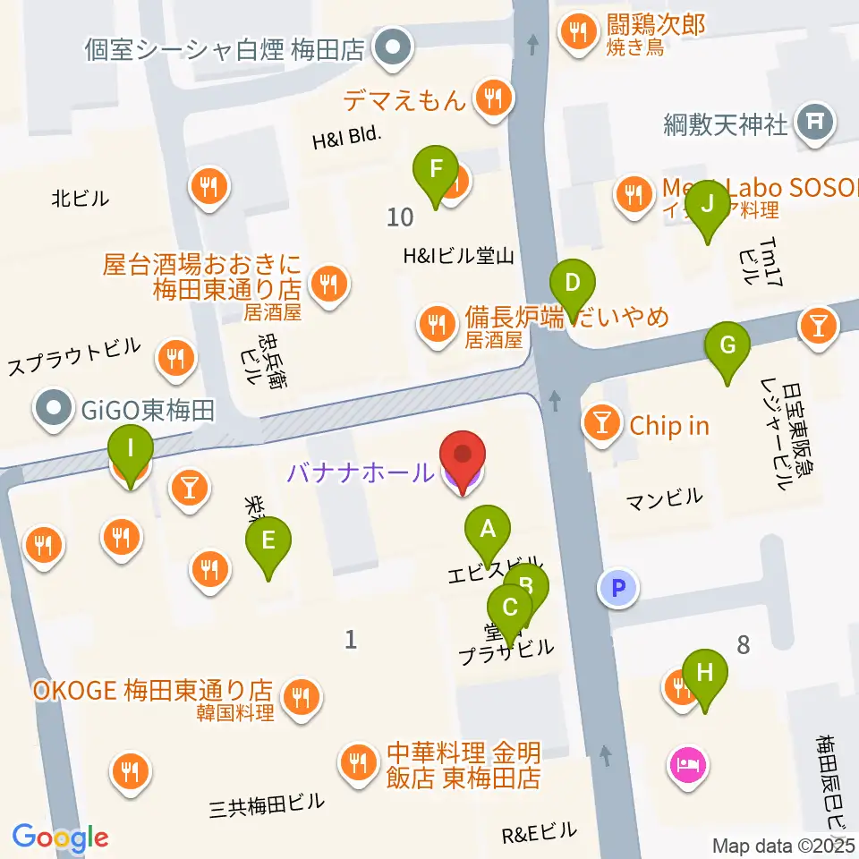 梅田バナナホール周辺のカフェ一覧地図