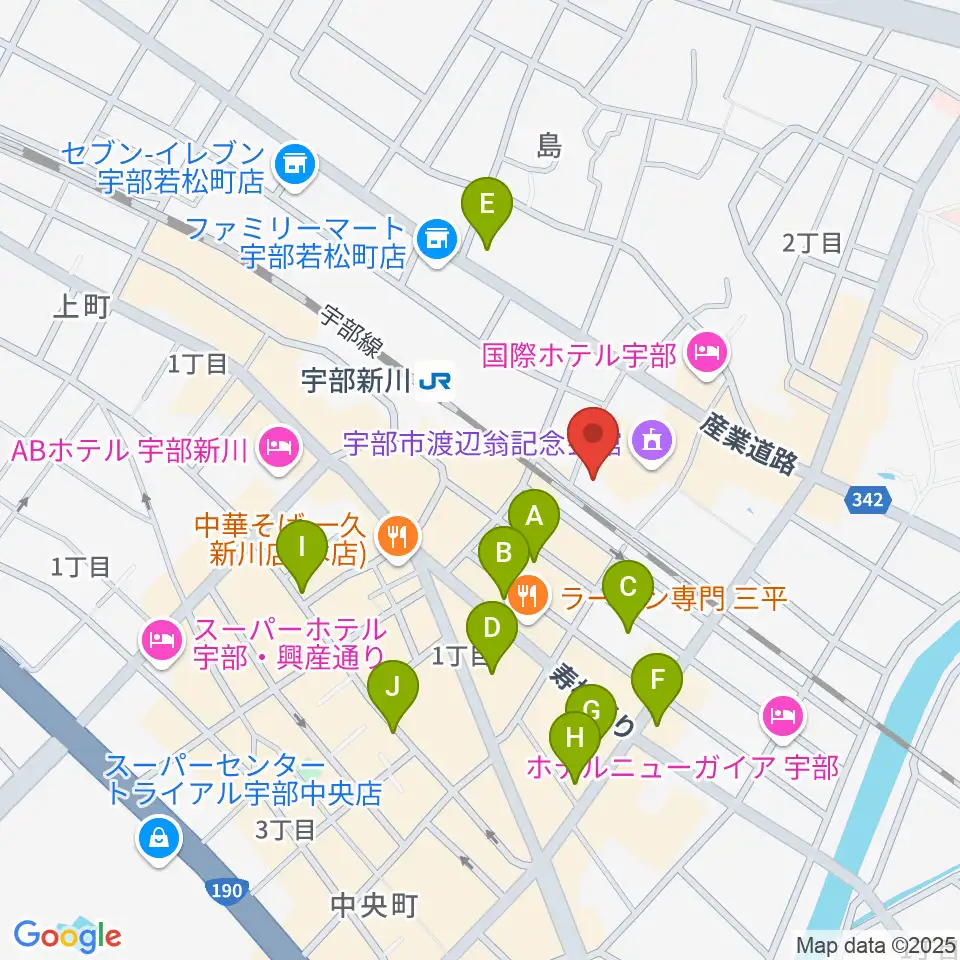 宇部市文化会館周辺のカフェ一覧地図