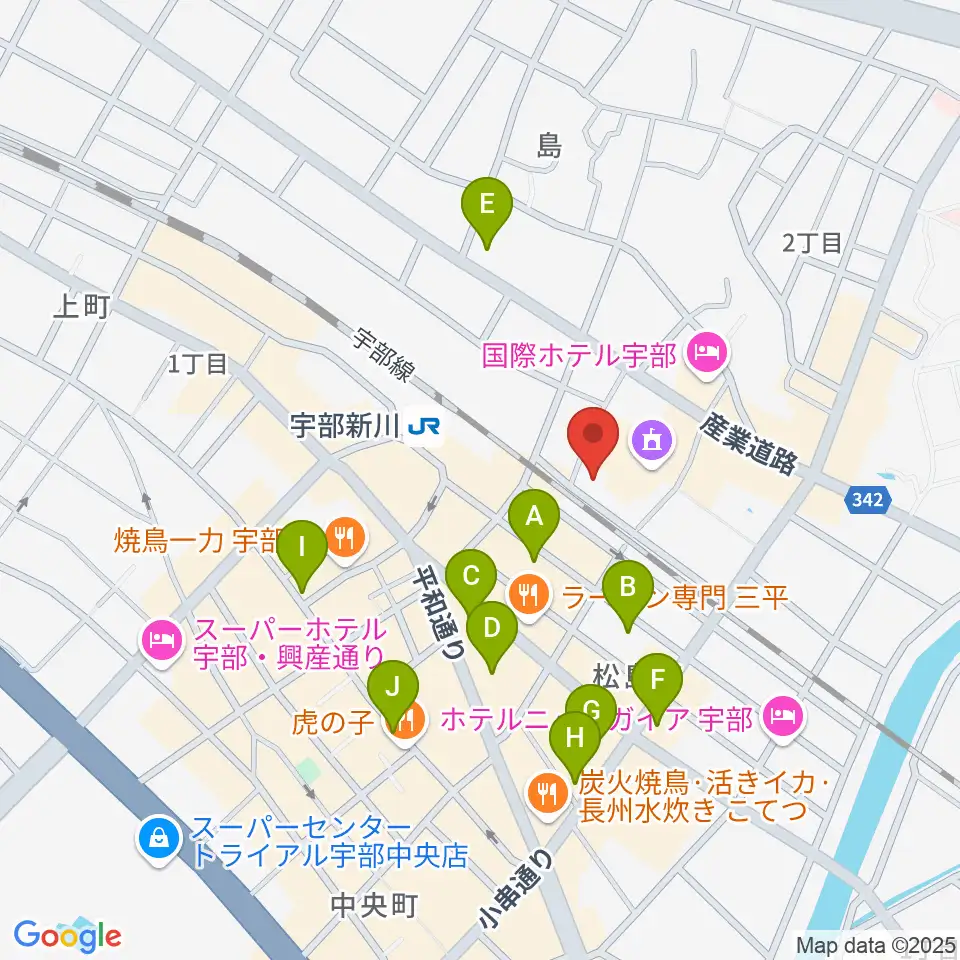 宇部市文化会館周辺のカフェ一覧地図