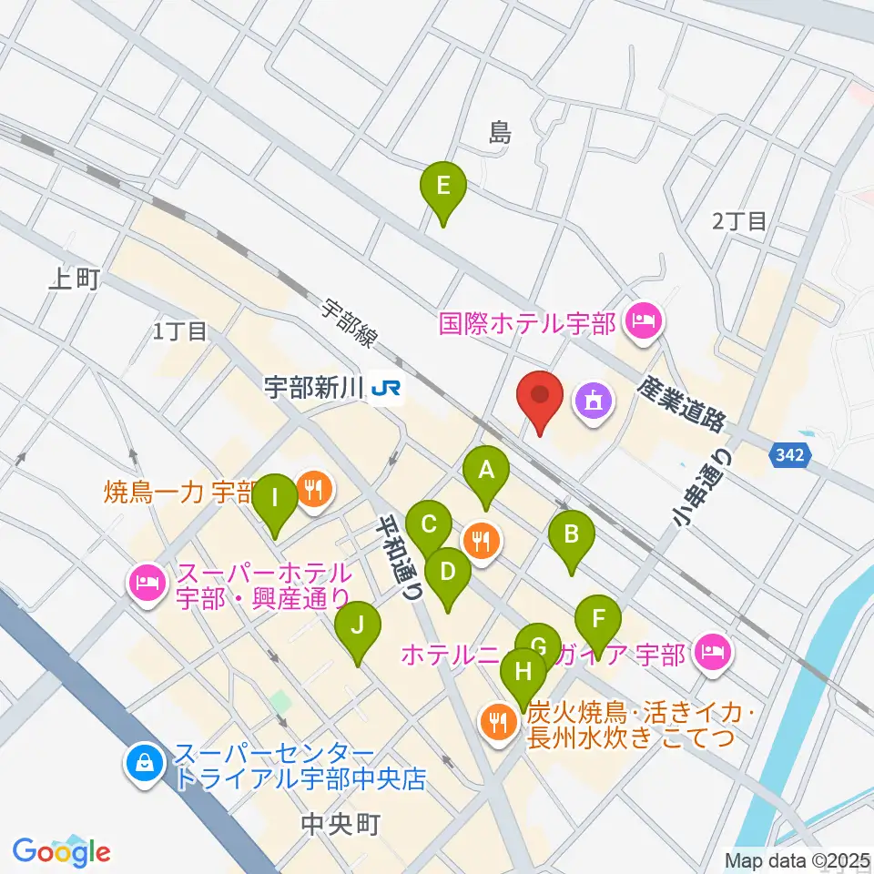 宇部市文化会館周辺のカフェ一覧地図