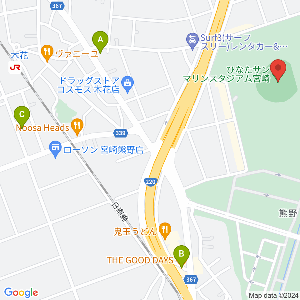 ひなたサンマリンスタジアム宮崎周辺のカフェ一覧地図