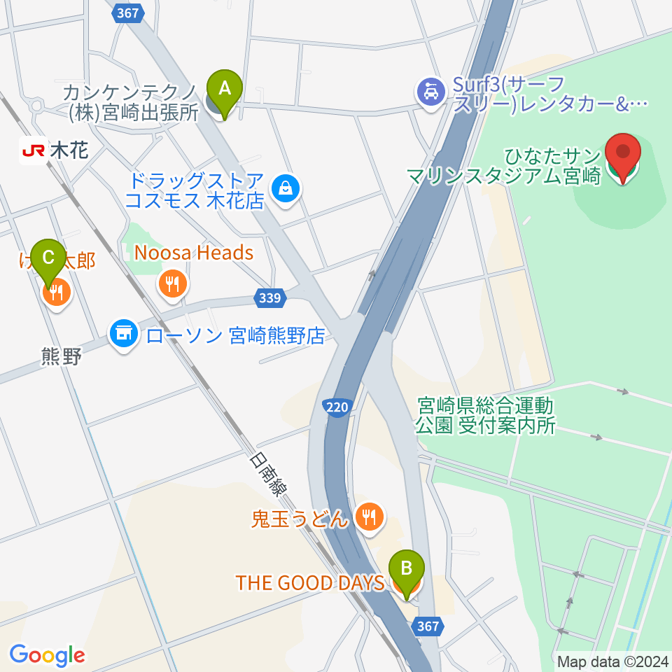 ひなたサンマリンスタジアム宮崎周辺のカフェ一覧地図