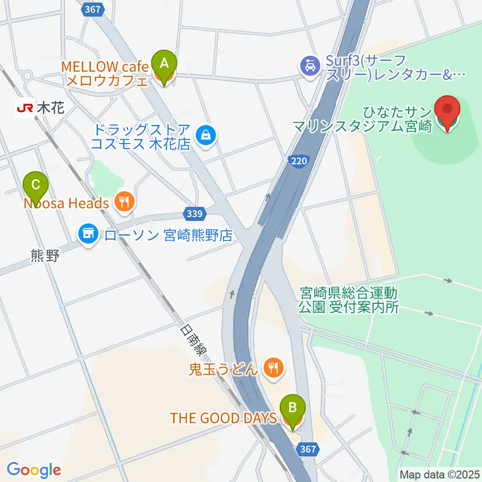 ひなたサンマリンスタジアム宮崎周辺のカフェ一覧地図