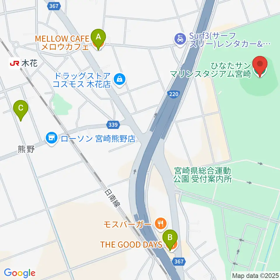 ひなたサンマリンスタジアム宮崎周辺のカフェ一覧地図