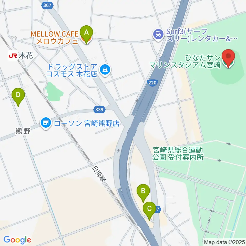 ひなたサンマリンスタジアム宮崎周辺のカフェ一覧地図