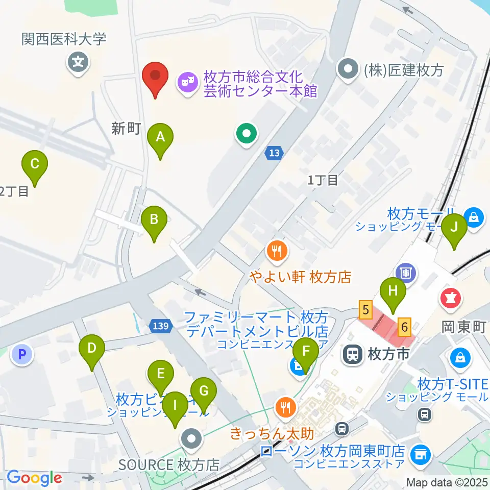 枚方市総合文化芸術センター周辺のカフェ一覧地図