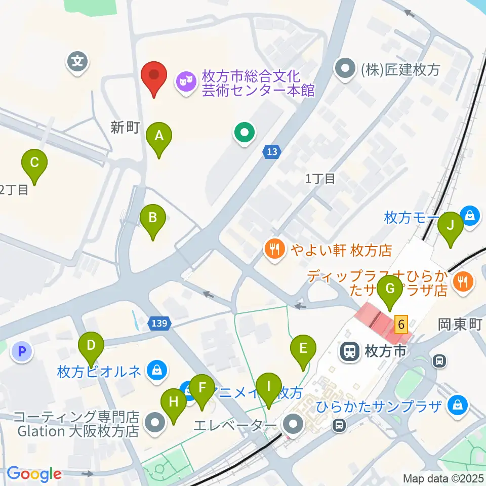 枚方市総合文化芸術センター周辺のカフェ一覧地図