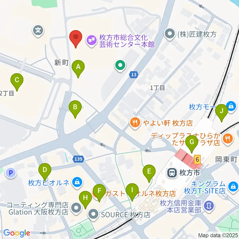 枚方市総合文化芸術センター周辺のカフェ一覧地図