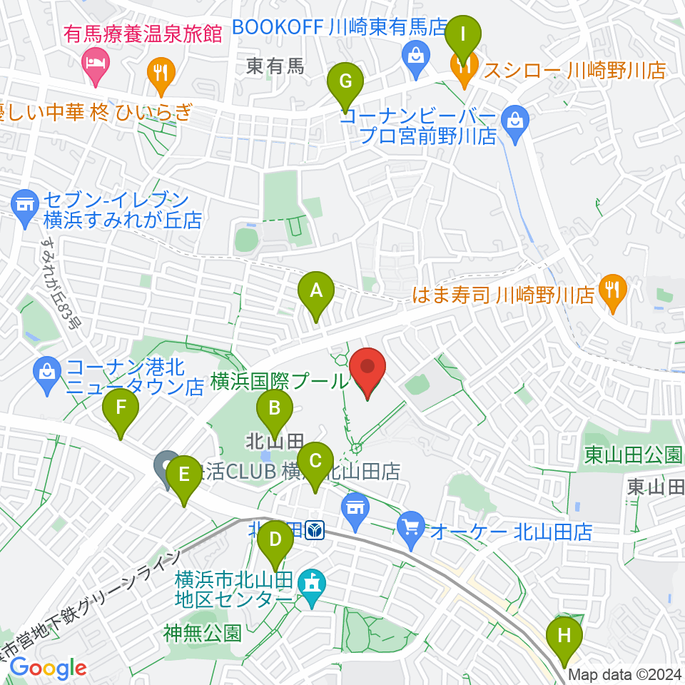 横浜国際プール周辺のカフェ一覧地図