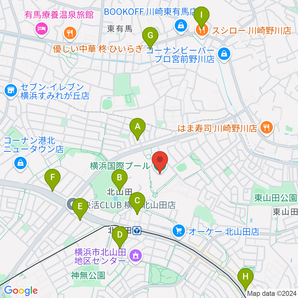 横浜国際プール周辺のカフェ一覧地図