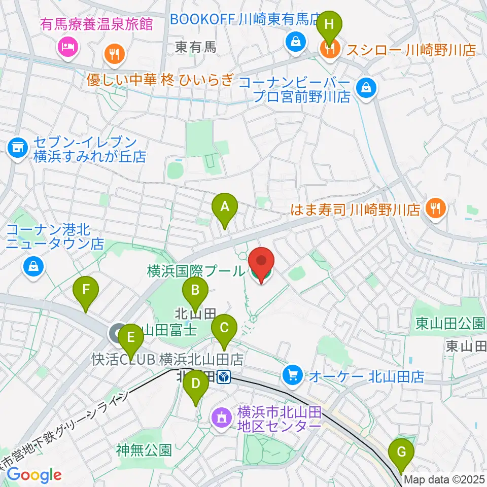 横浜国際プール周辺のカフェ一覧地図