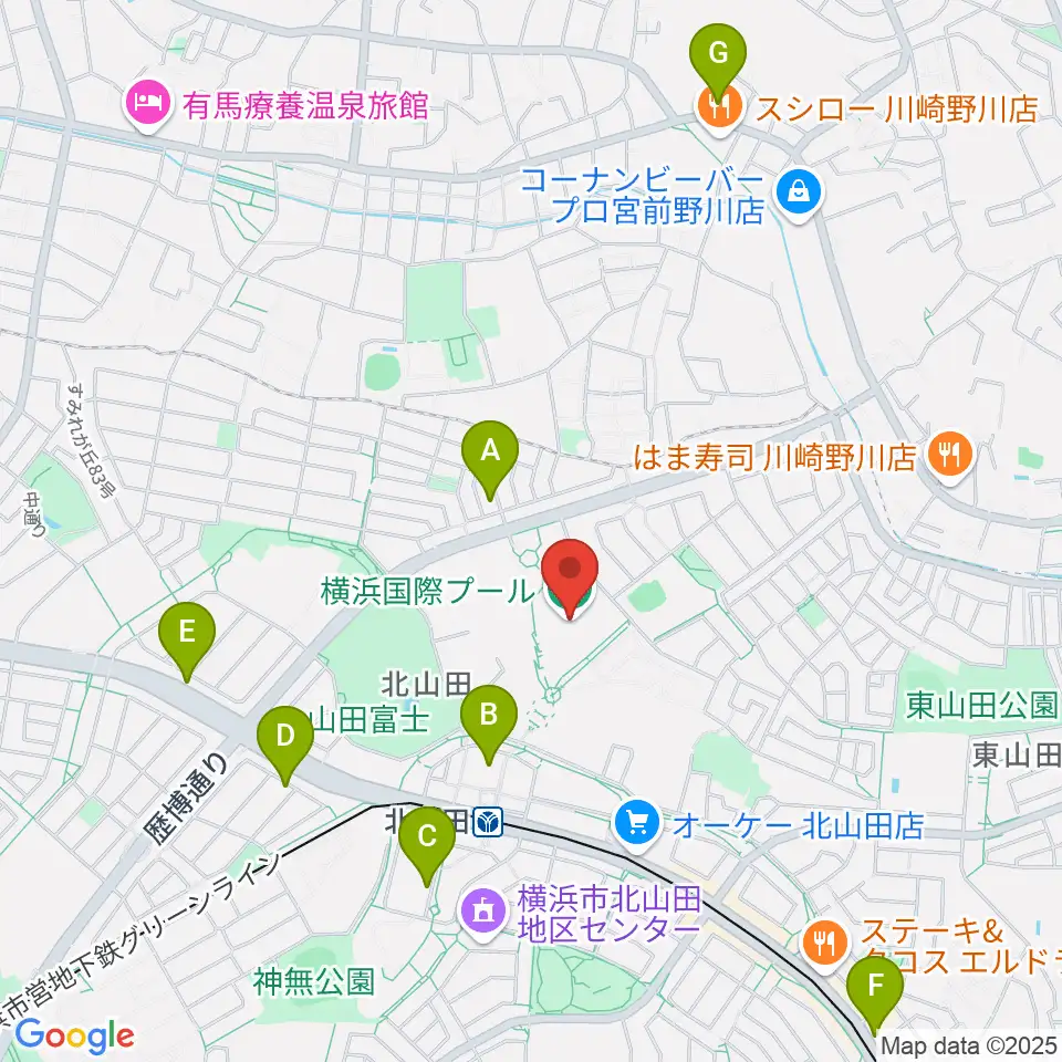 横浜国際プール周辺のカフェ一覧地図