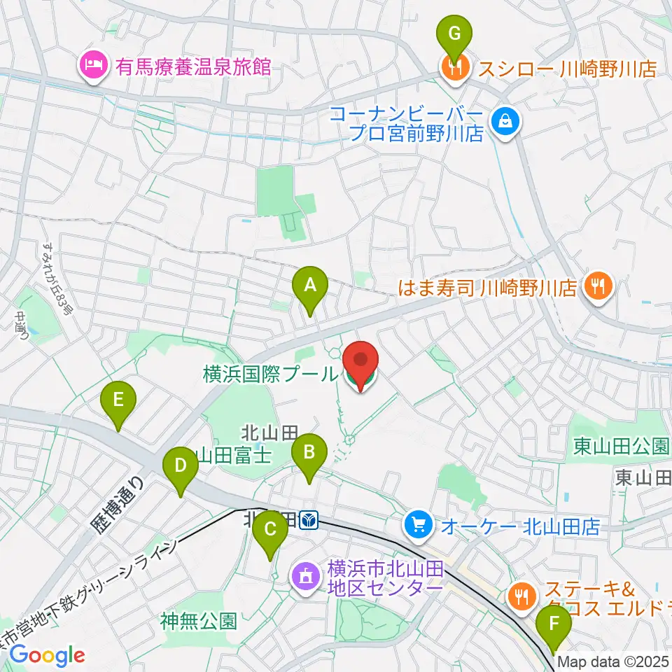 横浜国際プール周辺のカフェ一覧地図