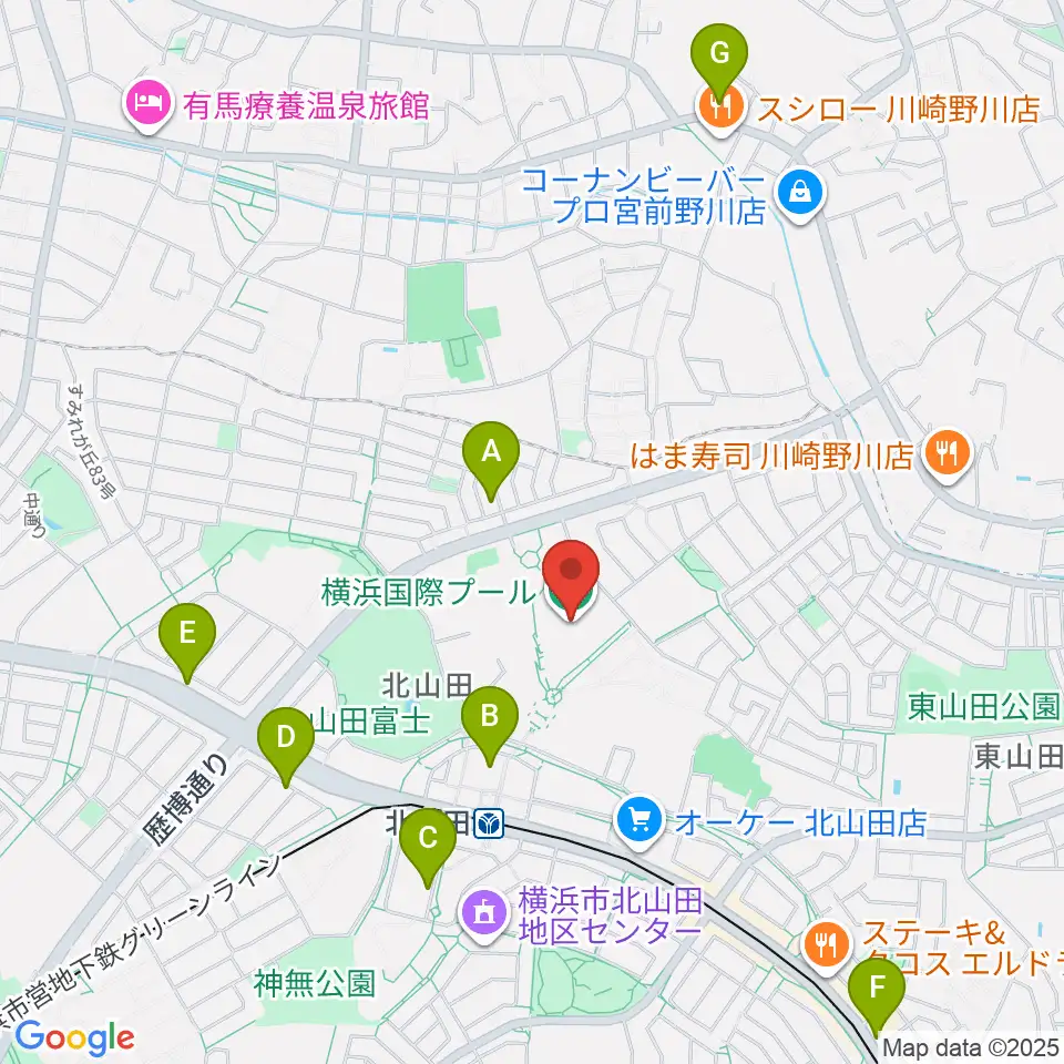 横浜国際プール周辺のカフェ一覧地図