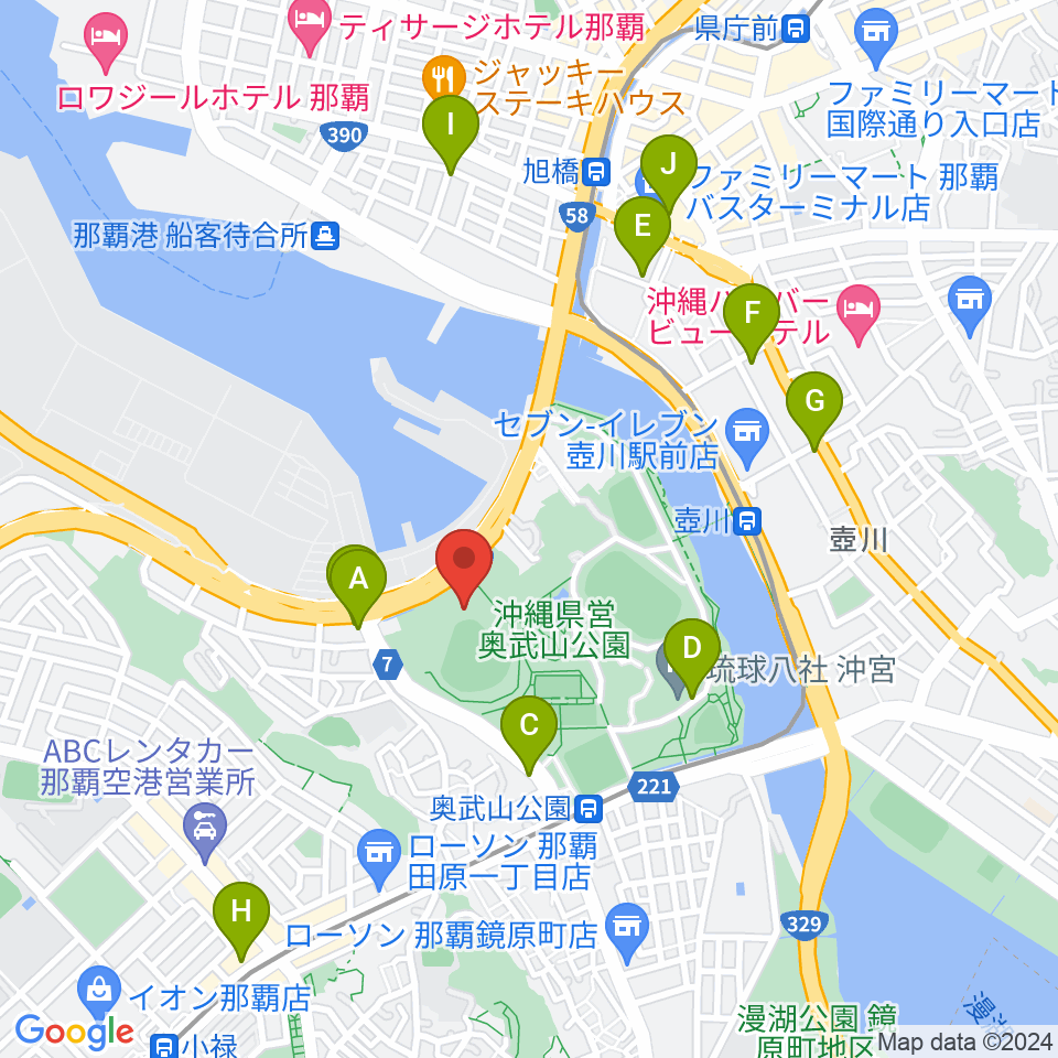 沖縄セルラースタジアム那覇周辺のカフェ一覧地図