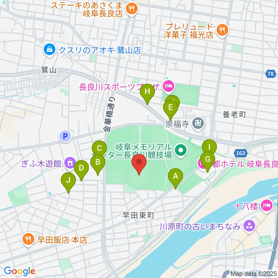 ぎふしん長良川球場周辺のカフェ一覧地図