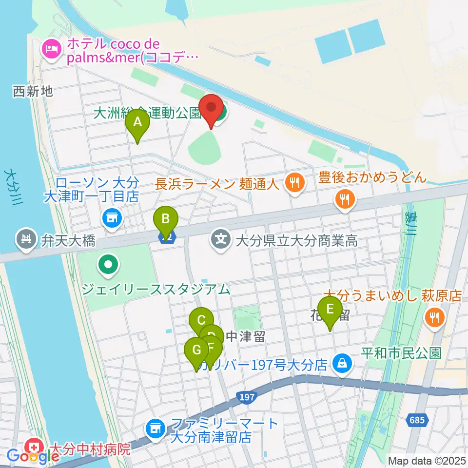 別大興産スタジアム周辺のカフェ一覧地図