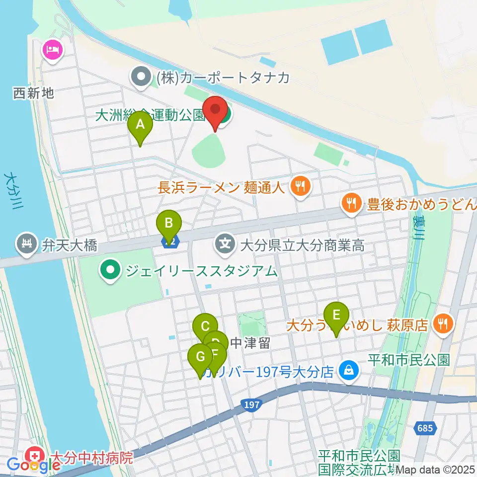 別大興産スタジアム周辺のカフェ一覧地図