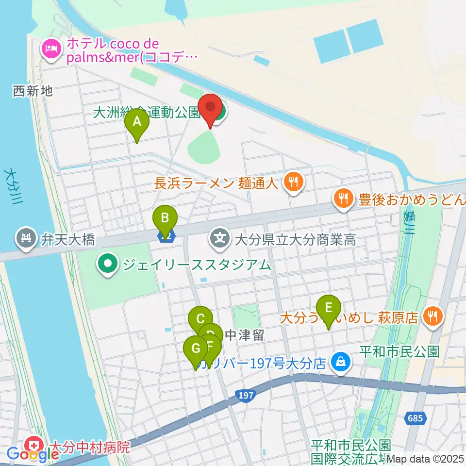 別大興産スタジアム周辺のカフェ一覧地図
