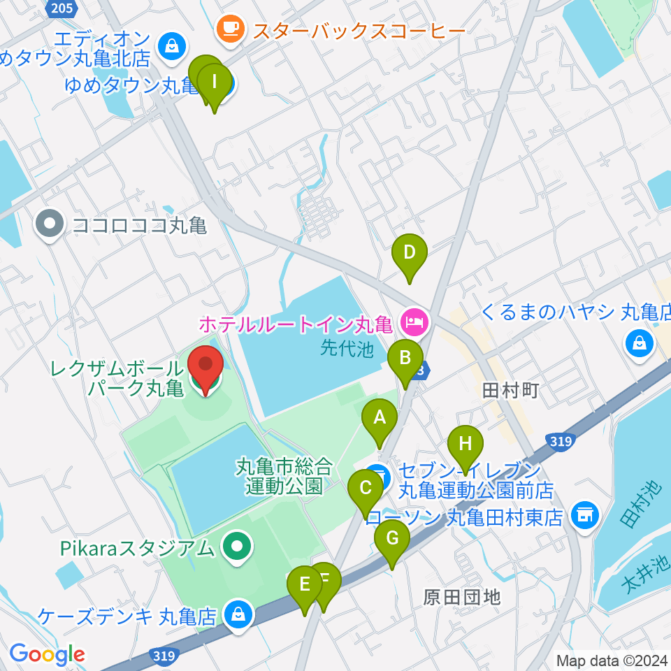 レクザムボールパーク丸亀周辺のカフェ一覧地図