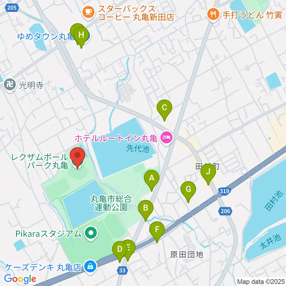 レクザムボールパーク丸亀周辺のカフェ一覧地図