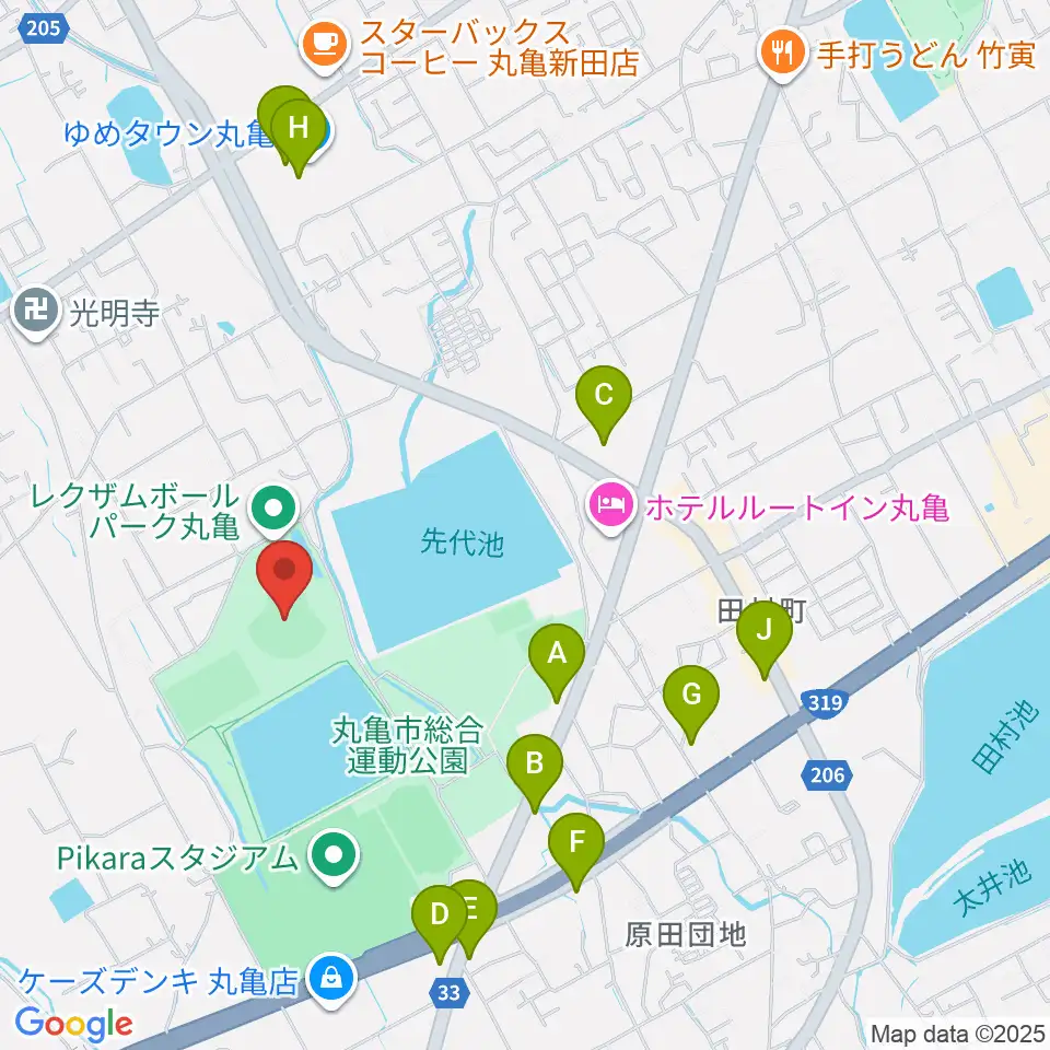レクザムボールパーク丸亀周辺のカフェ一覧地図