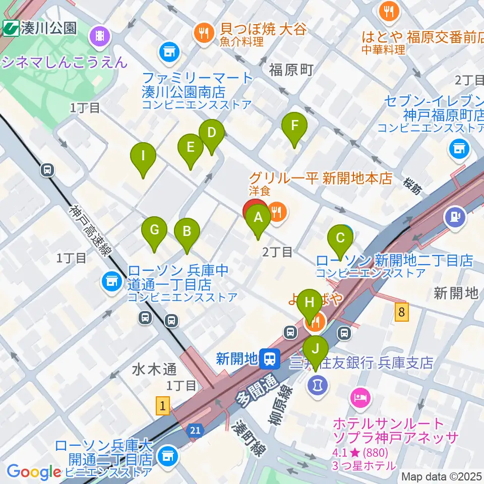 神戸新開地・喜楽館周辺のカフェ一覧地図