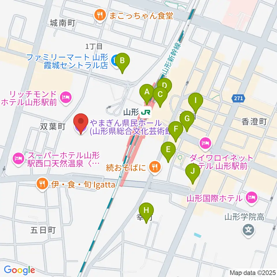 やまぎん県民ホール周辺のカフェ一覧地図
