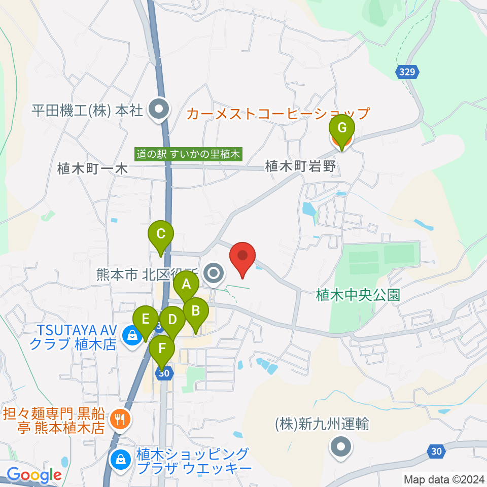 熊本市植木文化ホール周辺のカフェ一覧地図