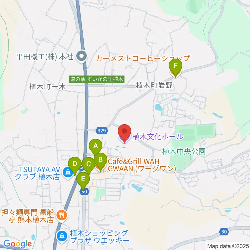 熊本市植木文化ホール周辺のカフェ一覧地図