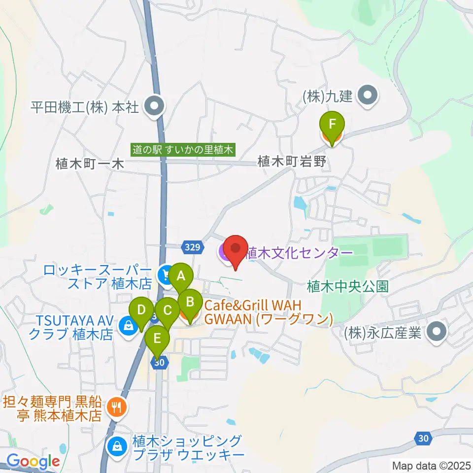 熊本市植木文化ホール周辺のカフェ一覧地図