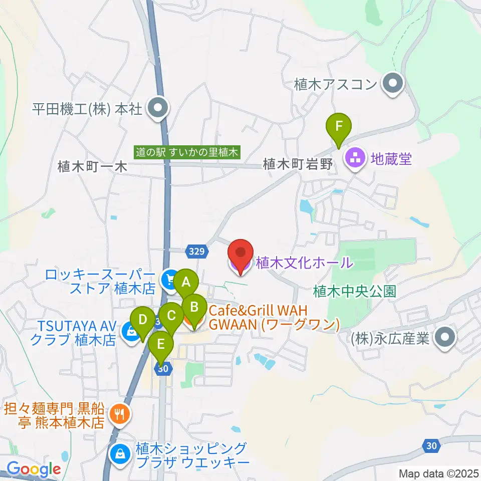 熊本市植木文化ホール周辺のカフェ一覧地図