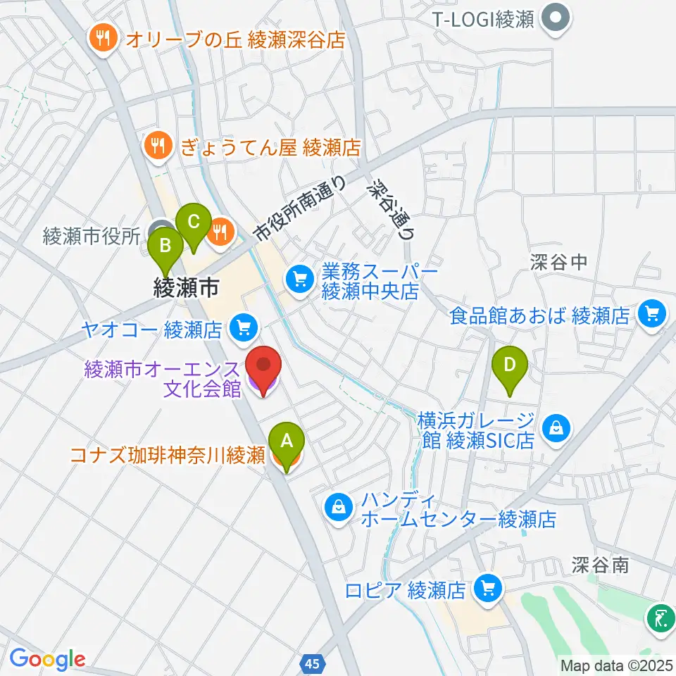 綾瀬市オーエンス文化会館周辺のカフェ一覧地図