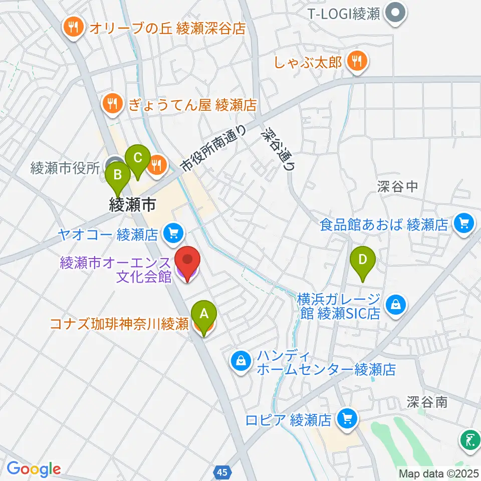 綾瀬市オーエンス文化会館周辺のカフェ一覧地図
