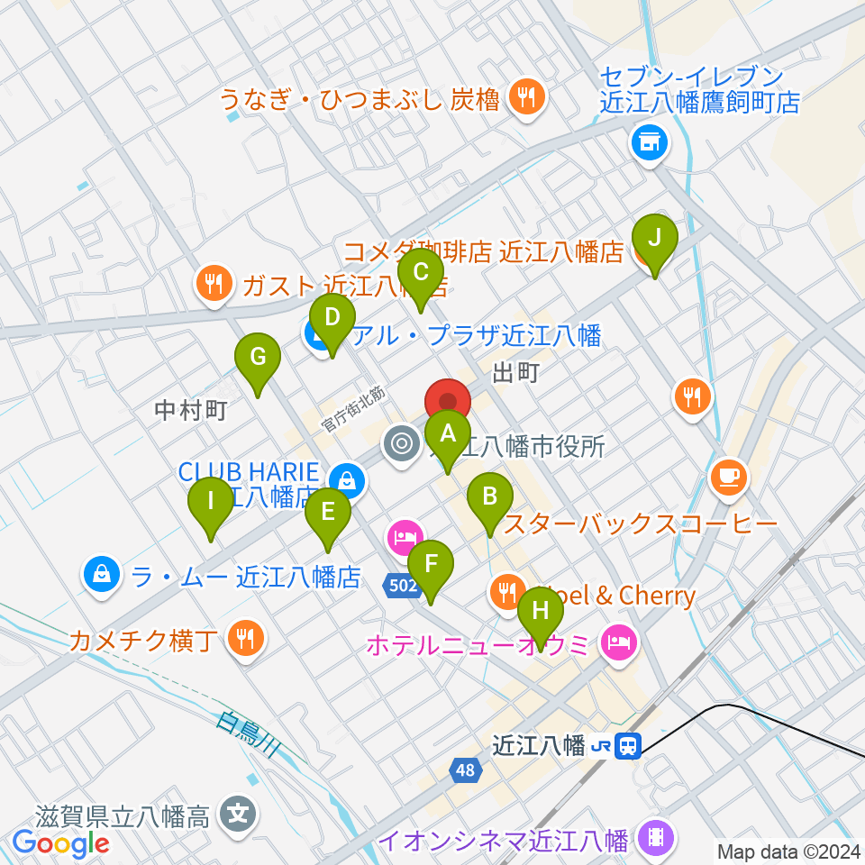 近江八幡市文化会館周辺のカフェ一覧地図