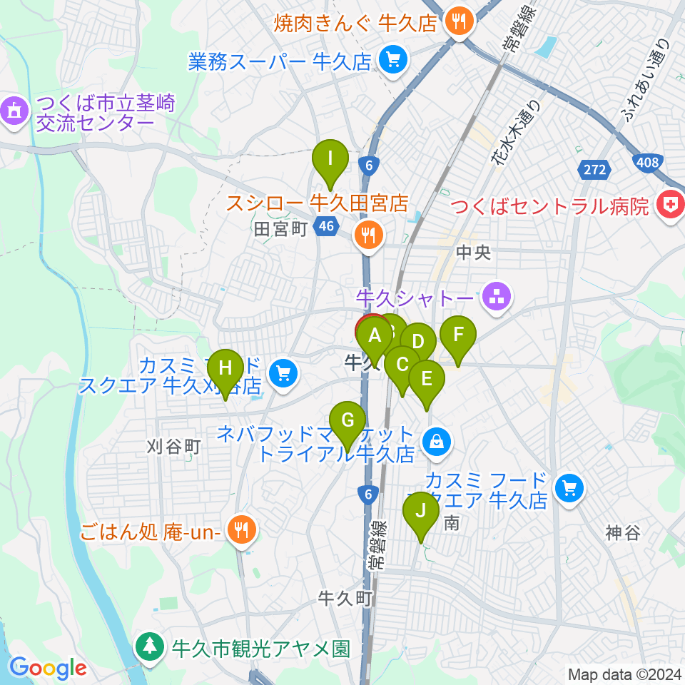 牛久市エスカード生涯学習センター周辺のカフェ一覧地図