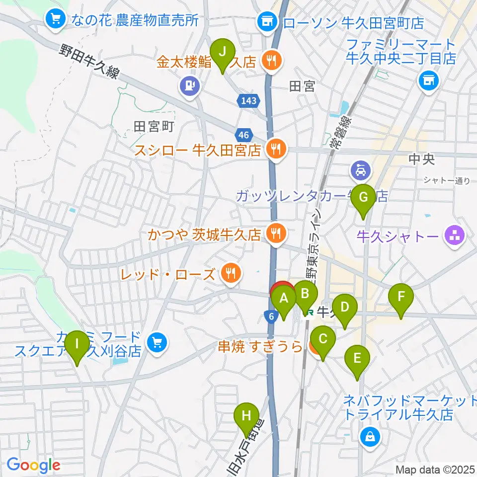 牛久市エスカード生涯学習センター周辺のカフェ一覧地図
