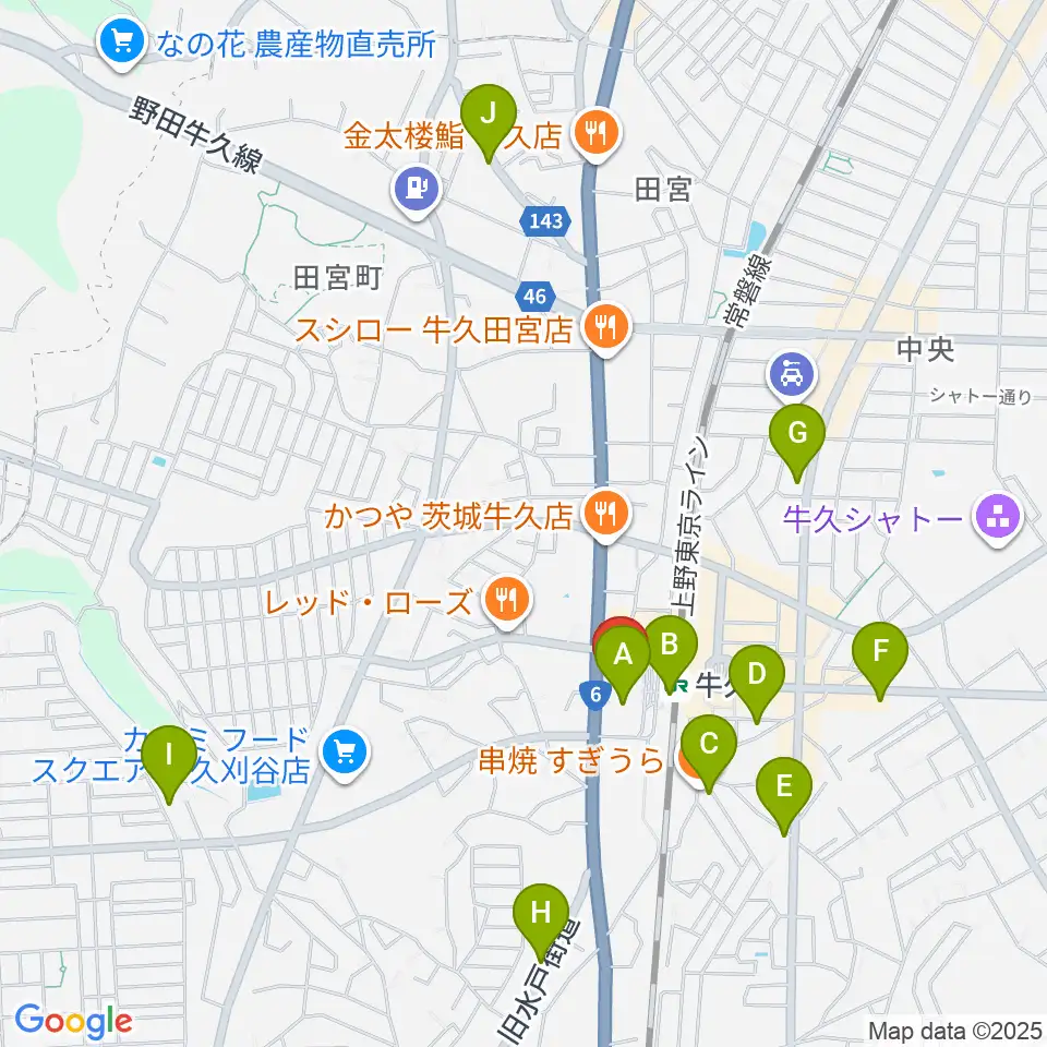 牛久市エスカード生涯学習センター周辺のカフェ一覧地図