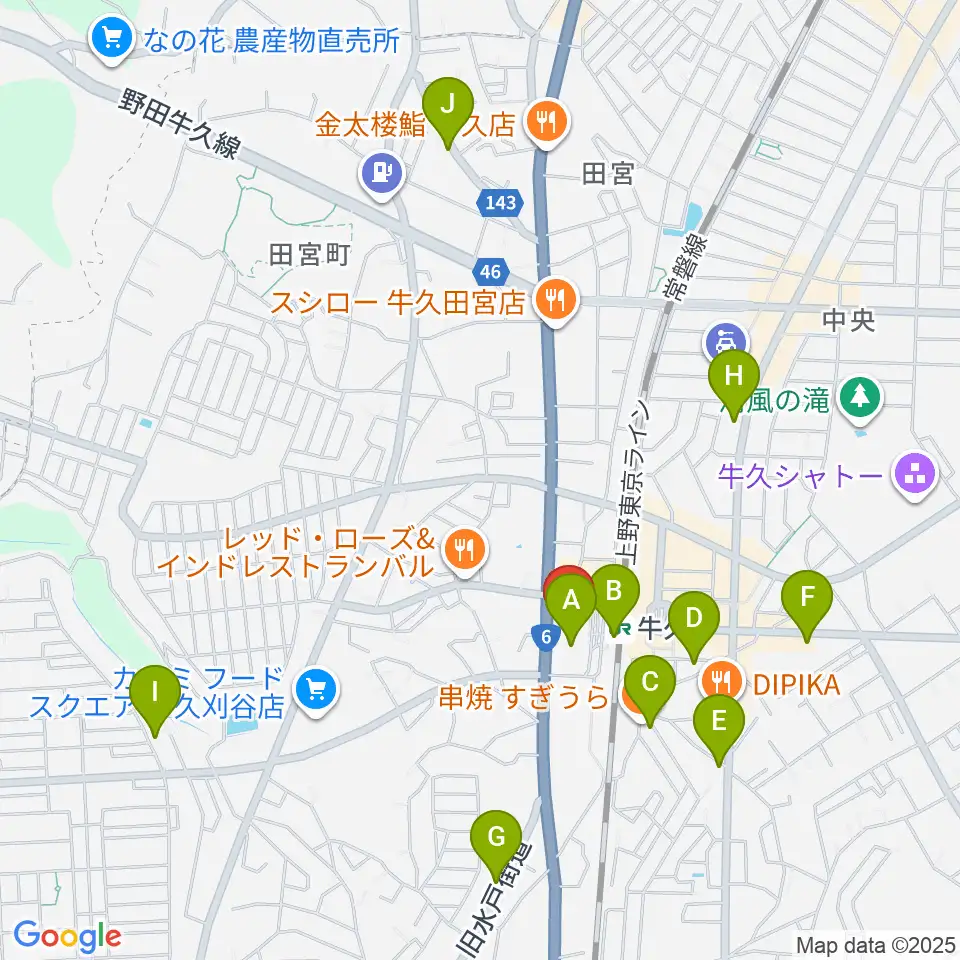 牛久市エスカード生涯学習センター周辺のカフェ一覧地図